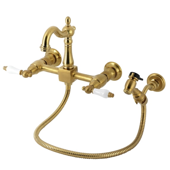 Kingston Brass KS2447PLBS Heritage Double-Handle 3-Hole Wall-Mount Bridge Kitchen Faucet with Brass Sprayer in Brushed Brass