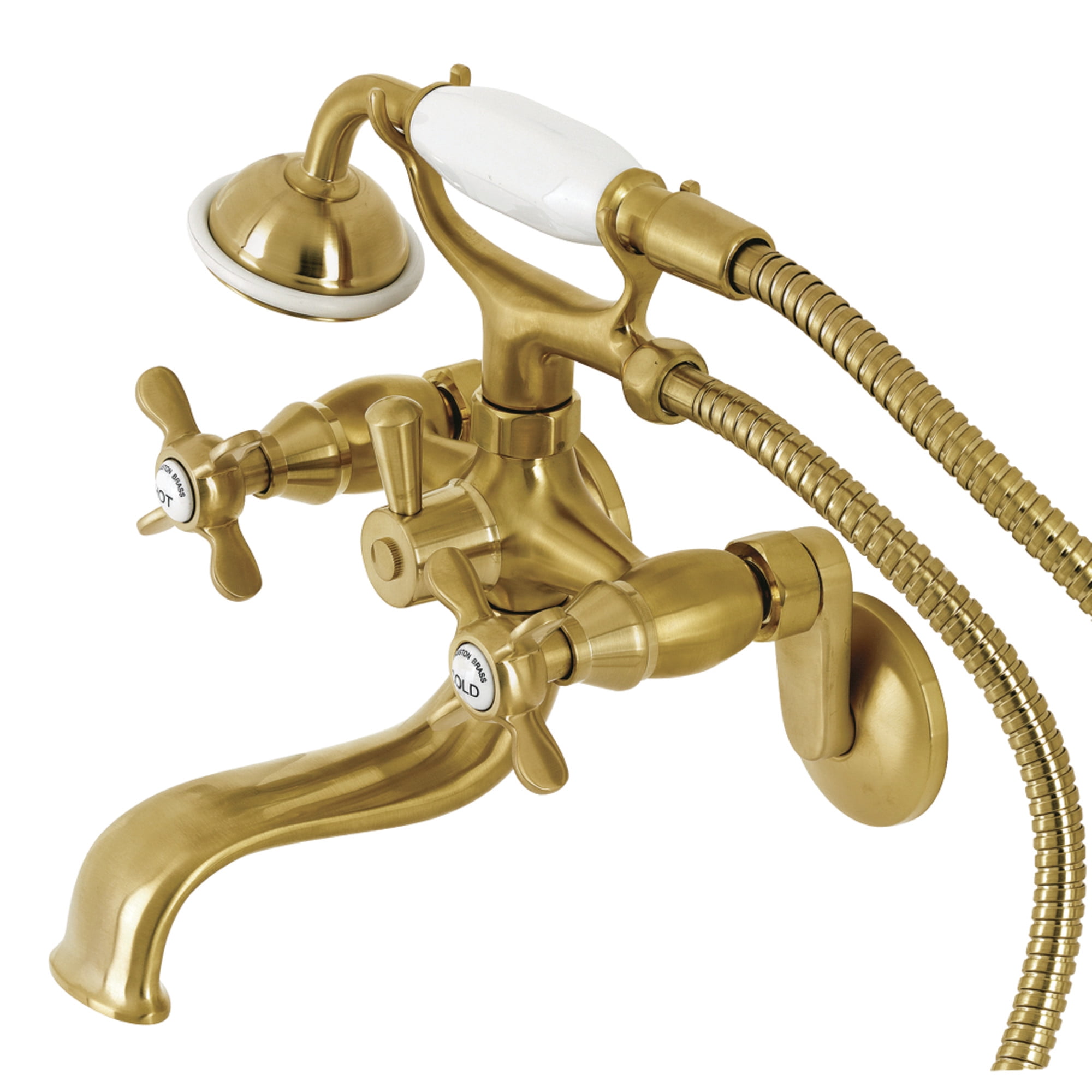 Kingston Brass KS246SB Essex Three-Handle 2-Hole Wall Mount Clawfoot Tub Faucet with Handshower in Brushed Brass