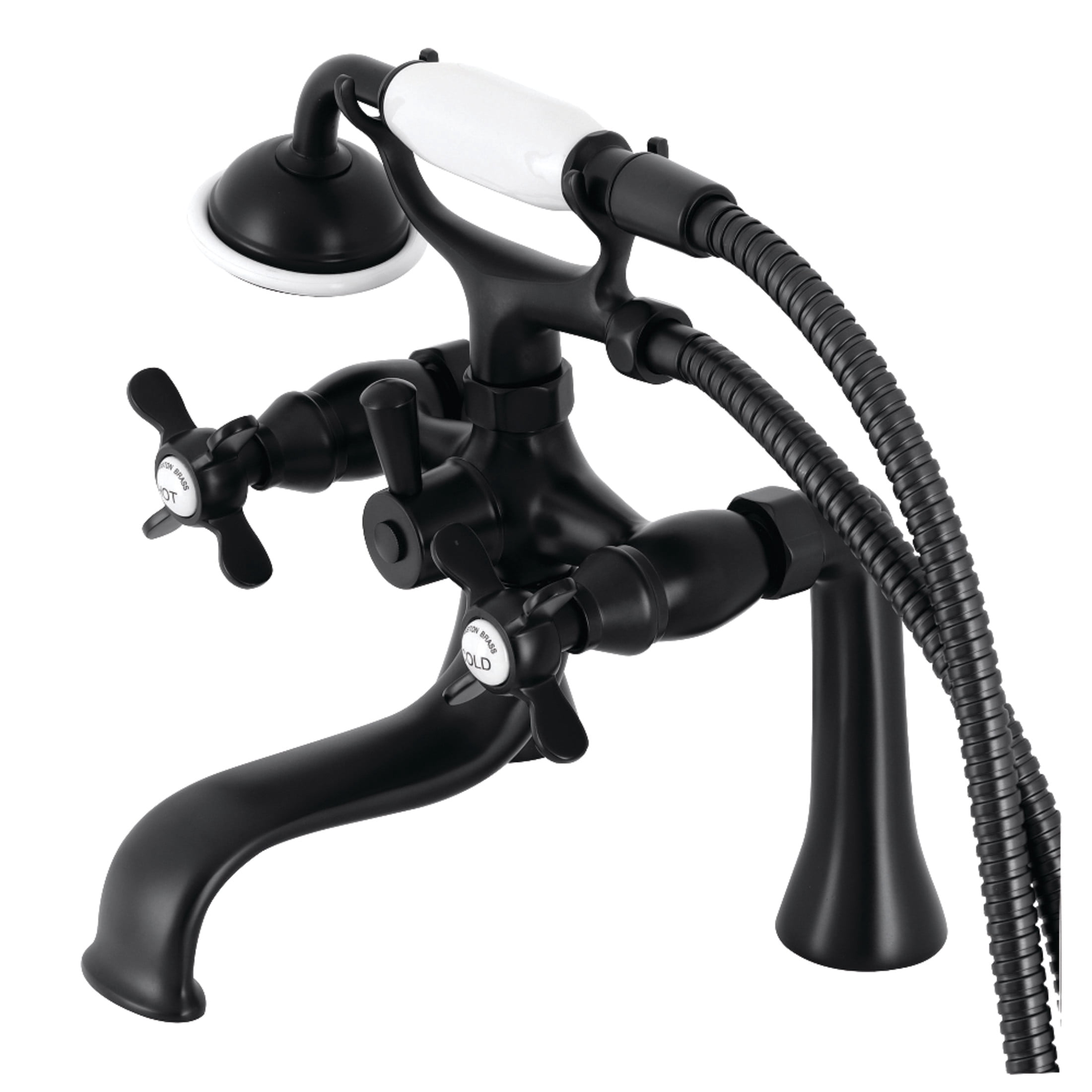 Kingston Brass KS248MB Essex Three-Handle 2-Hole Deck-Mount Clawfoot Tub Faucet with Hand Shower in Matte Black