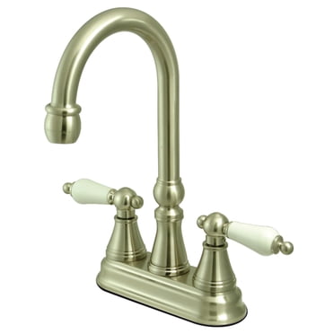 Kingston Brass Restoration Teapot Faucet With Pop-Up Drain - Brushed Nickel With Polished Trim, Centerset Lavatory Faucet