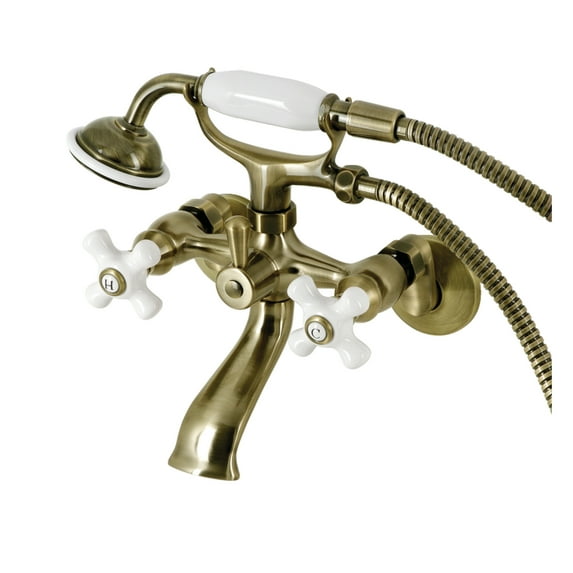 Kingston Brass KS265PXAB Kingston Three-Handle 2-Hole Tub Wall Mount Clawfoot Tub Faucet with Hand Shower in Antique Brass