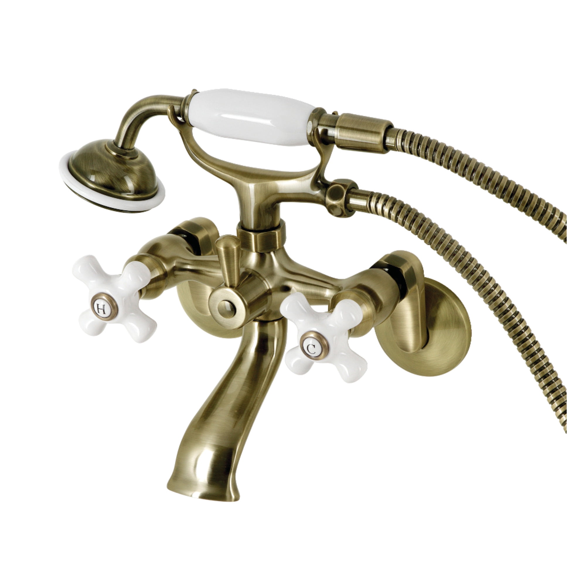Kingston Brass KS266PXAB Kingston Three-Handle 2-Hole Wall Mount Clawfoot Tub Faucet with Hand Shower in Antique Brass