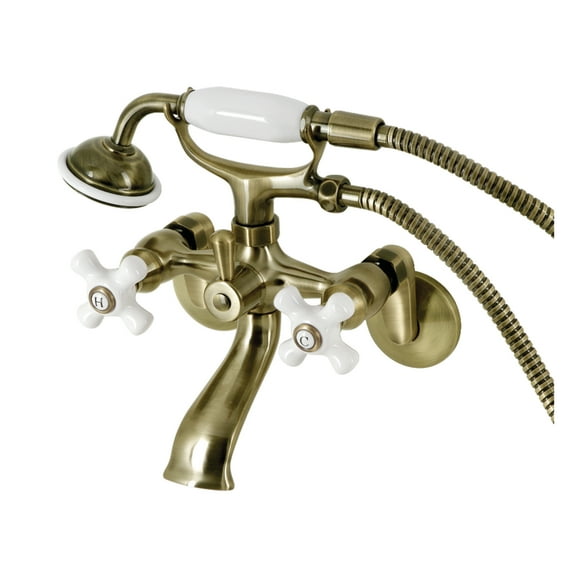 Kingston Brass KS266PXAB Kingston Three-Handle 2-Hole Wall Mount Clawfoot Tub Faucet with Hand Shower in Antique Brass