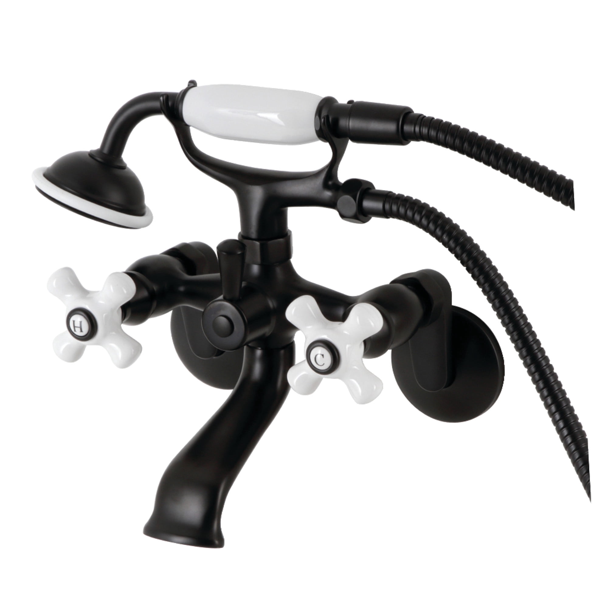 Kingston Brass KS266PXMB Kingston Three-Handle 2-Hole Wall Mount Clawfoot Tub Faucet with Hand Shower in Matte Black