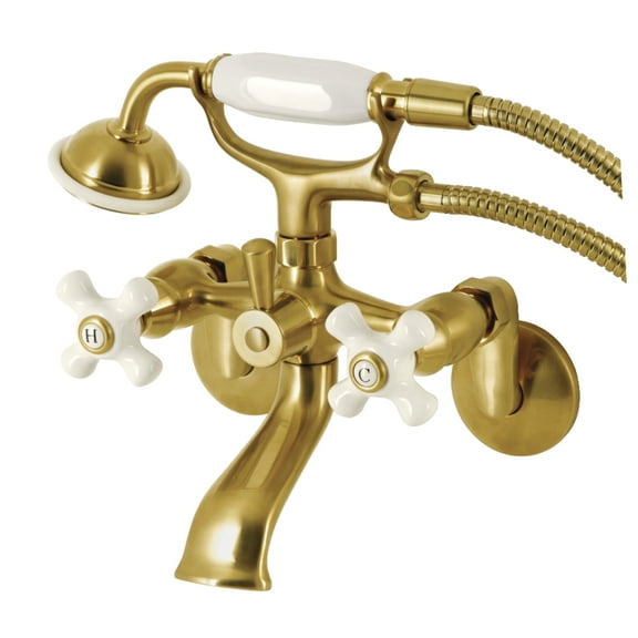 Kingston Brass KS266PXSB Kingston Three-Handle 2-Hole Wall Mount Clawfoot Tub Faucet with Hand Shower in Brushed Brass