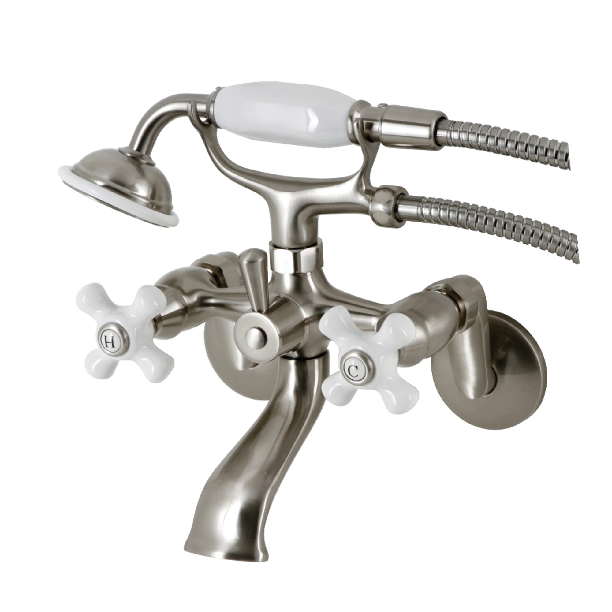 Kingston Brass KS266PXSN Kingston Three-Handle 2-Hole Wall Mount Clawfoot Tub Faucet with Hand Shower in Brushed Nickel