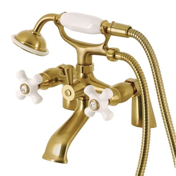 Kingston Brass KS267PXSB Kingston Three-Handle 2-Hole Deck-Mount Clawfoot Tub Faucet with Hand Shower in Brushed Brass