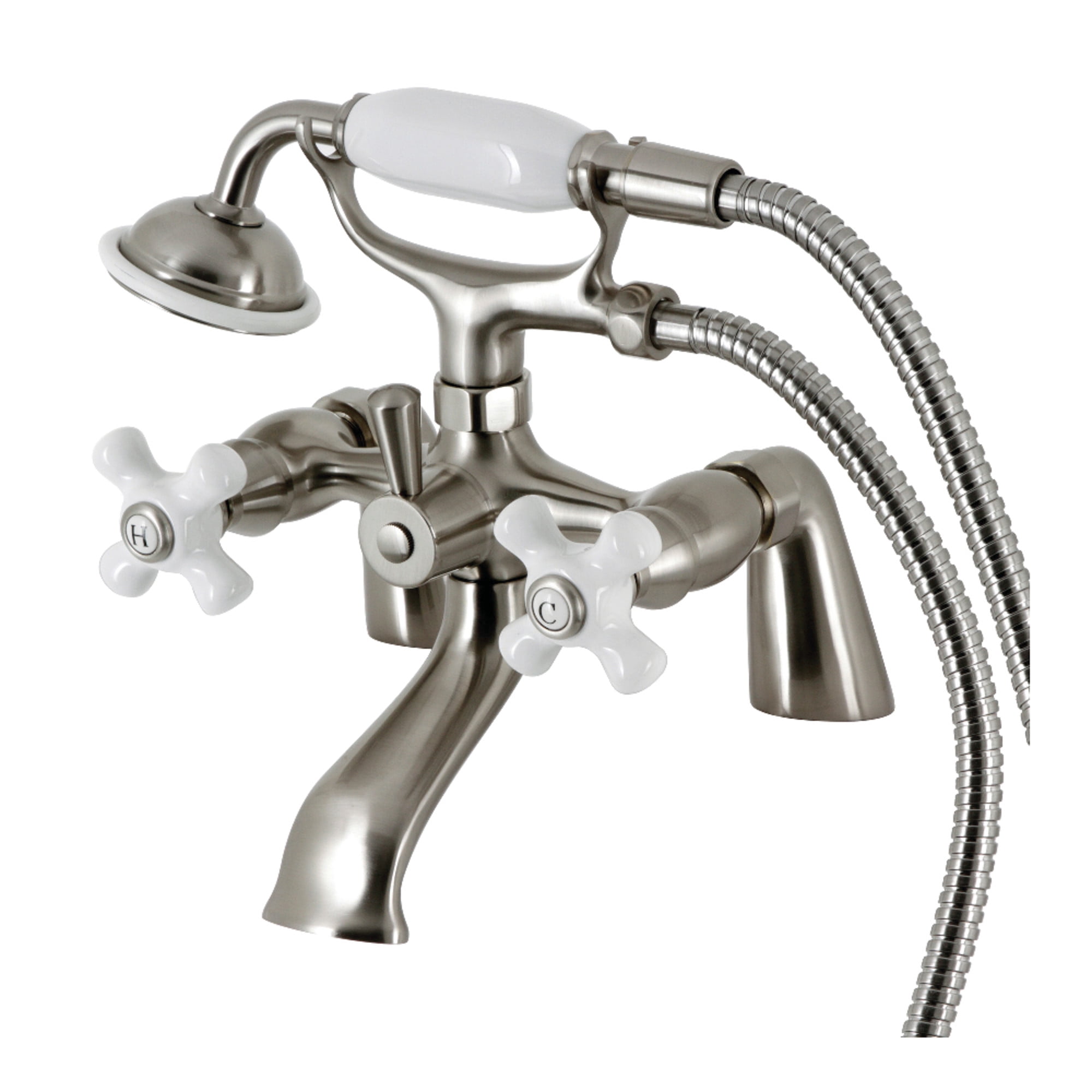Kingston Brass KS267PXSN Kingston Three-Handle 2-Hole Deck-Mount Clawfoot Tub Faucet with Hand Shower in Brushed Nickel