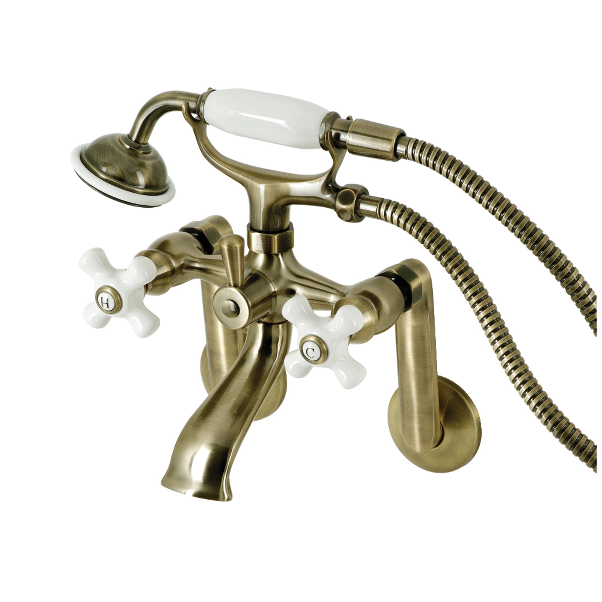 Kingston Brass KS269PXAB Kingston Three-Handle 2-Hole Tub Wall Mount Clawfoot Tub Faucet with Hand Shower in Antique Brass