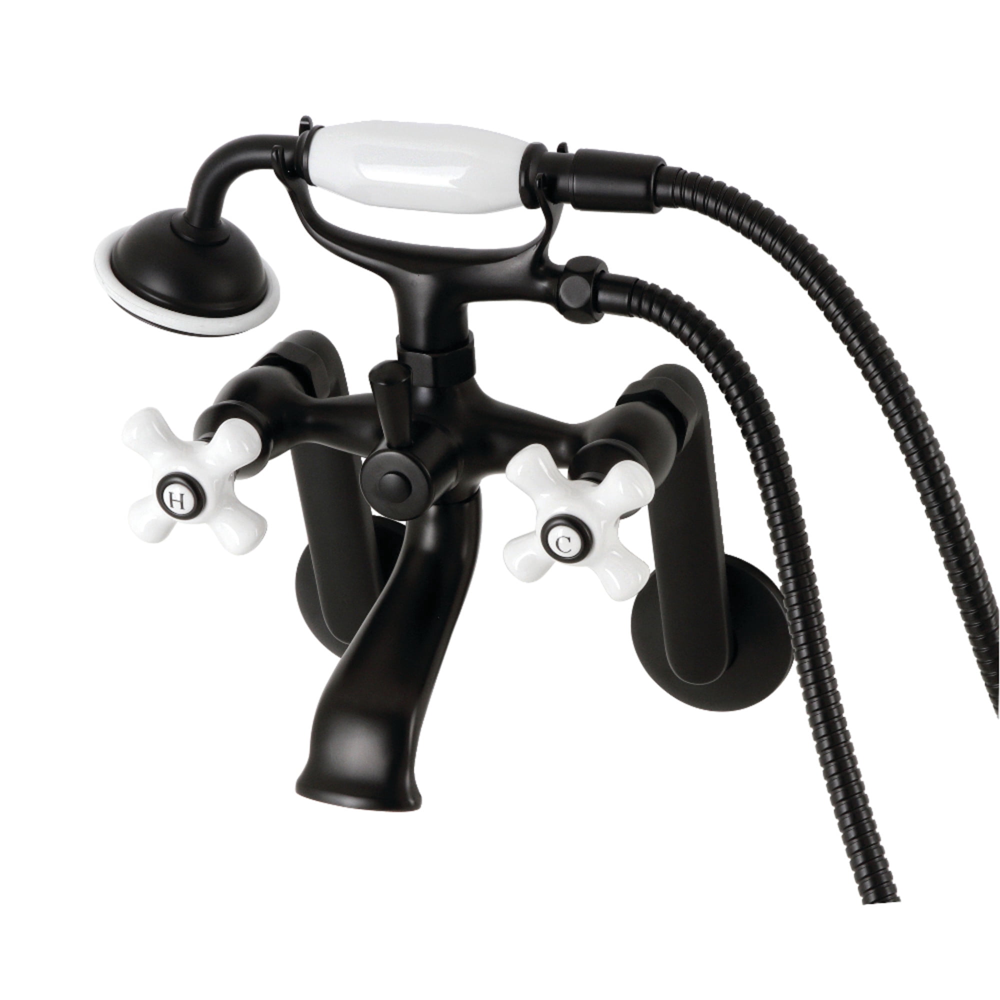 Kingston Brass KS269PXMB Kingston Three-Handle 2-Hole Tub Wall Mount Clawfoot Tub Faucet with Hand Shower in Matte Black