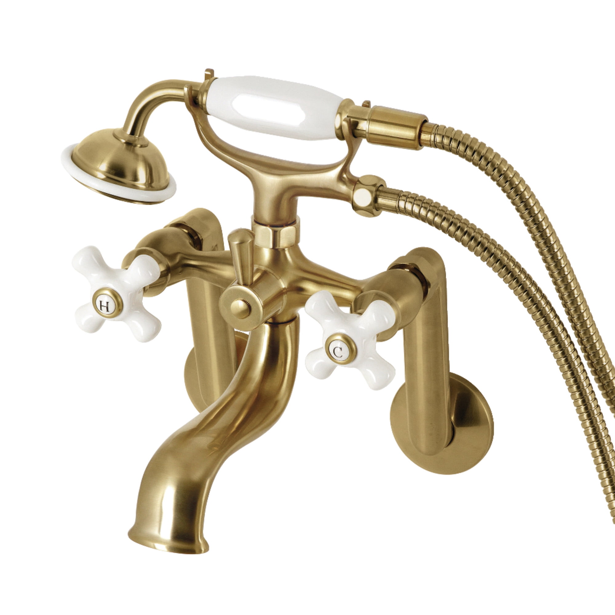 Kingston Brass KS269PXSB Kingston Three-Handle 2-Hole Tub Wall Mount Clawfoot Tub Faucet with Hand Shower in Brushed Brass