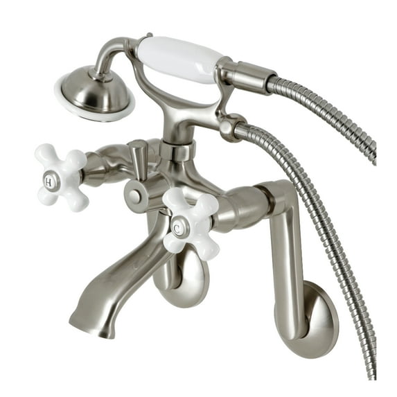 Kingston Brass KS269PXSN Kingston Three-Handle 2-Hole Tub Wall Mount Clawfoot Tub Faucet with Hand Shower in Brushed Nickel