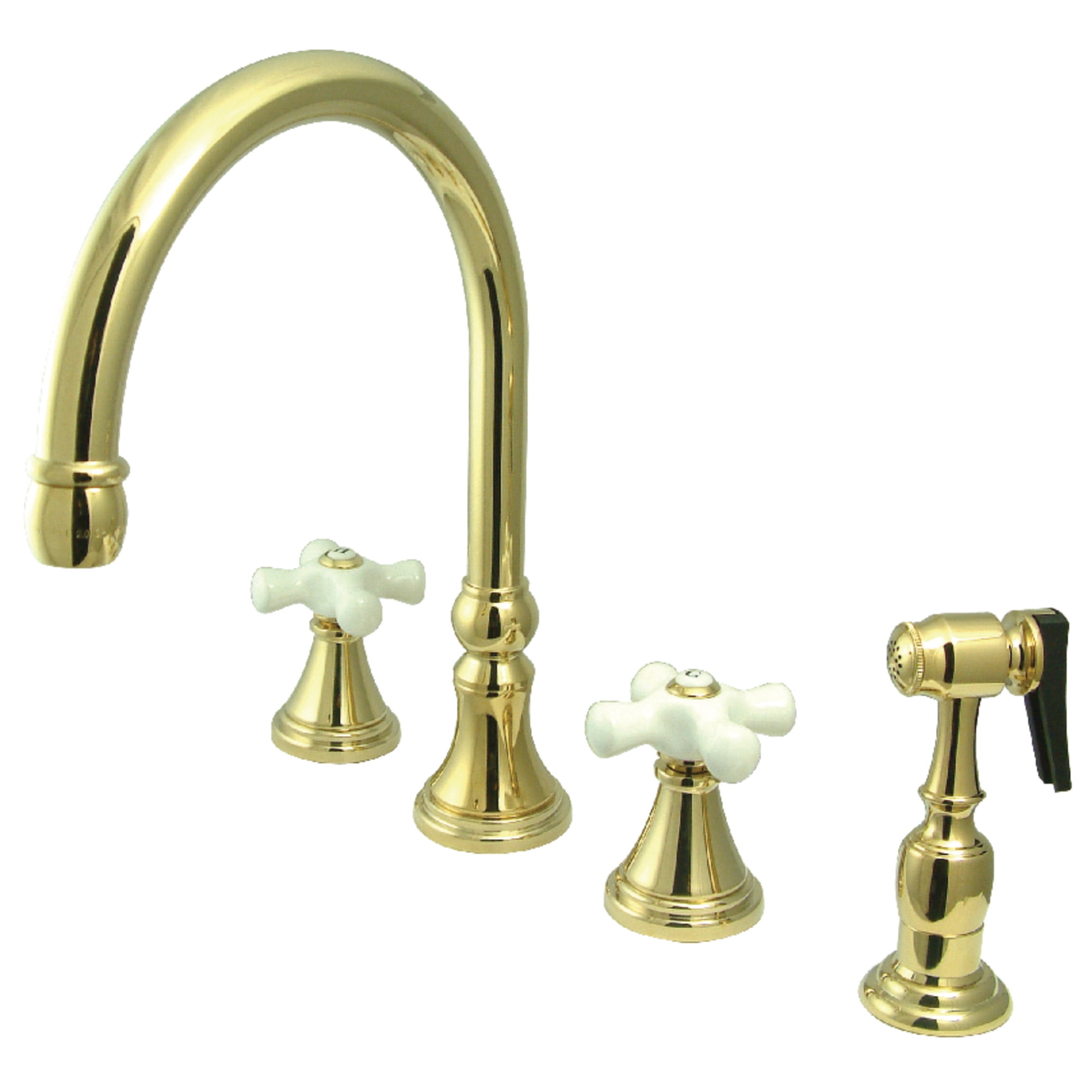 Kingston Brass KS2792PXBS Governor Double-Handle 4-Hole Widespread Kitchen Faucet with Brass Sprayer in Polished Brass