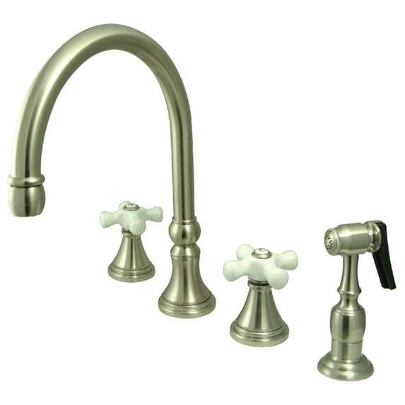 Kingston Brass KS2798PXBS Governor Double-Handle 4-Hole Widespread Kitchen Faucet with Brass Sprayer in Brushed Nickel
