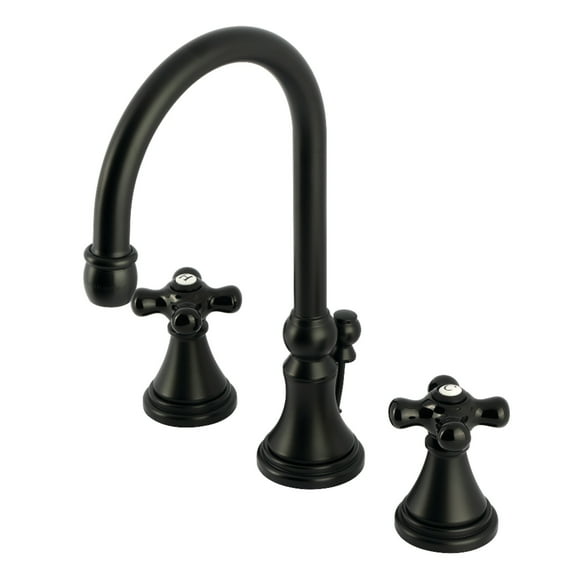 Kingston Brass KS2980PKX Duchess Two-Handle 3-Hole Deck Mount Widespread Bathroom Faucet with Brass Pop-Up in Matte Black