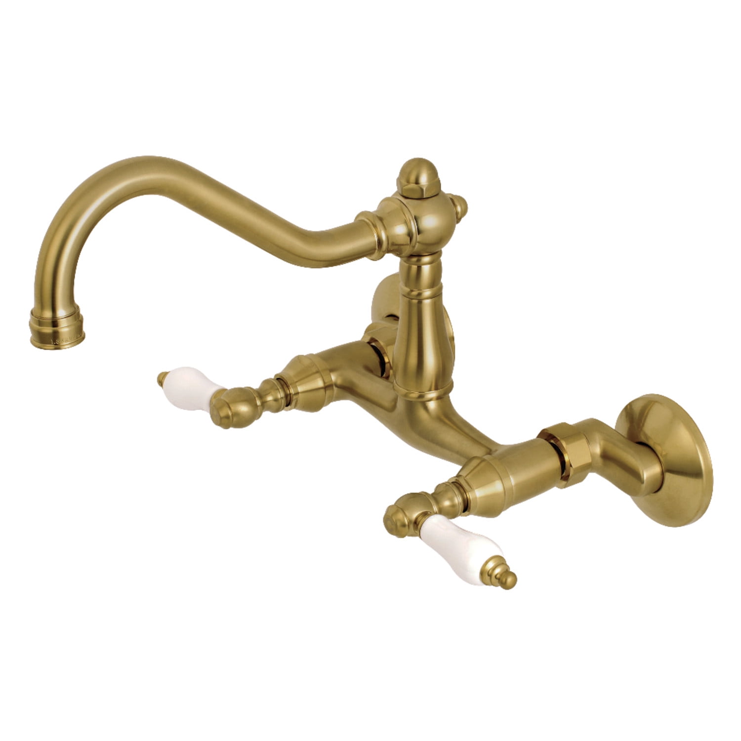 Brushed Brass Double-Handle Wall-Mount Kitchen Faucet