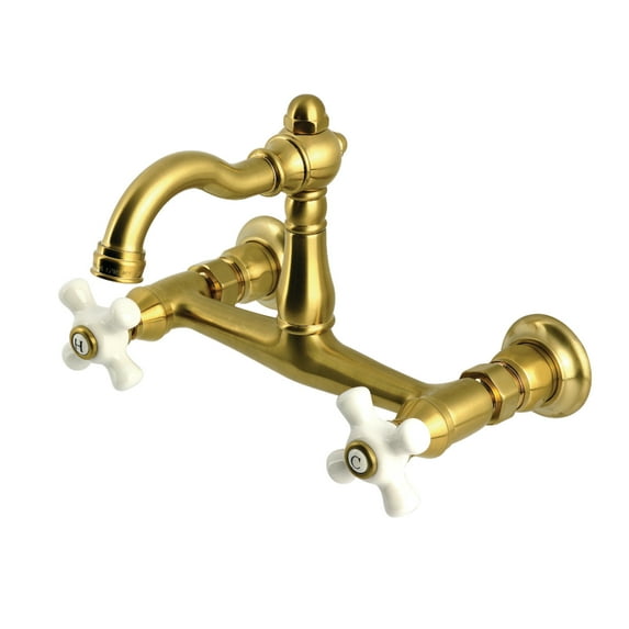 Kingston Brass KS3257PX Vintage Double-Handle Wall-Mount Bridge Kitchen Faucet, Brushed Brass
