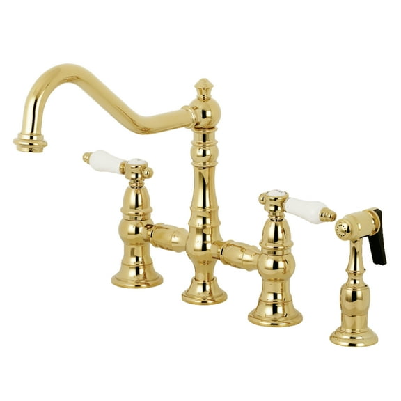 Kingston Brass KS3272BPLBS Bel-Air Two-Handle 4-Hole Deck Mount Bridge Kitchen Faucet with Brass Side Sprayer in Polished Brass