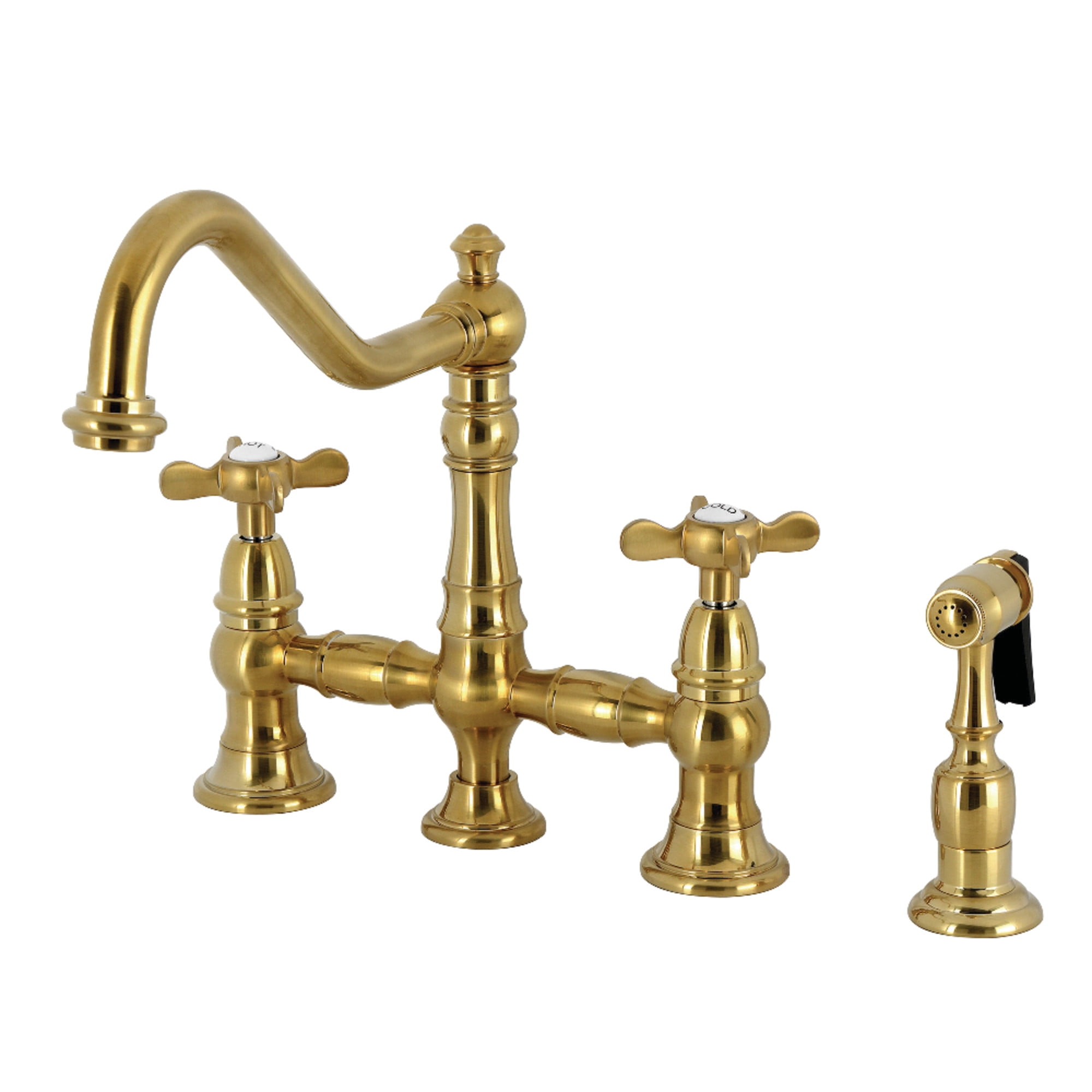 Kingston Brass KS3277BEXBS Essex Two-Handle 4-Hole Deck Mount Bridge Kitchen Faucet with Brass Side Sprayer in Brushed Brass