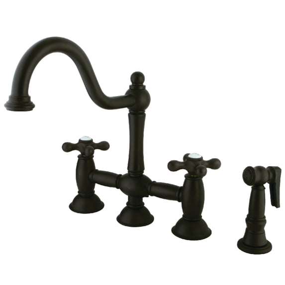 Kingston Brass KS3795AXBS Restoration Two-Handle 4-Hole Deck Mount Bridge Kitchen Faucet with Brass Side Sprayer in Oil Rubbed Bronze