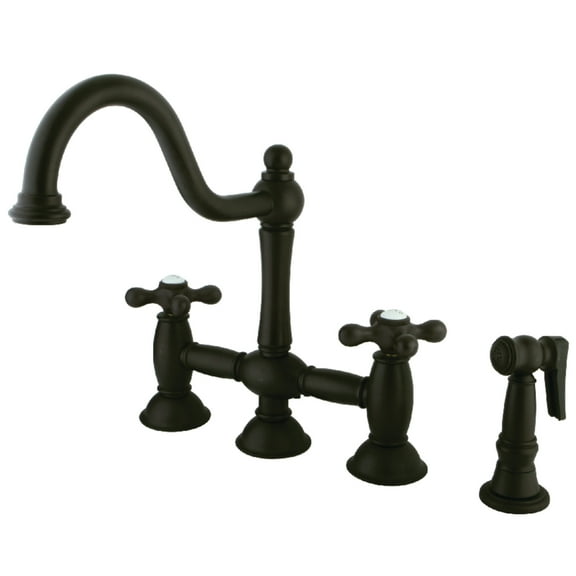 Kingston Brass KS3795AXBS Restoration Two-Handle 4-Hole Deck Mount Bridge Kitchen Faucet with Brass Side Sprayer in Oil Rubbed Bronze