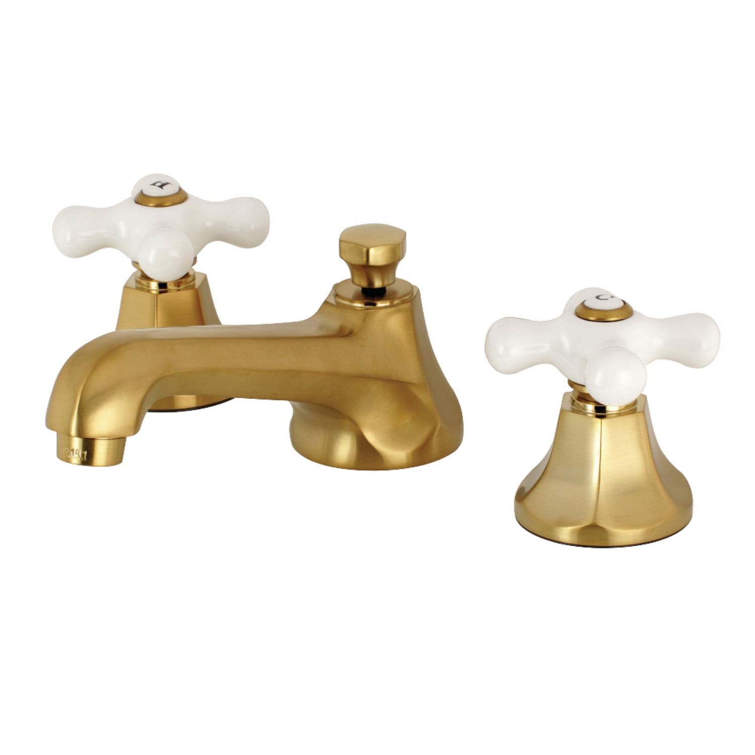 Metropolitan Brushed Brass Widespread Bathroom Faucet with Porcelain Handles