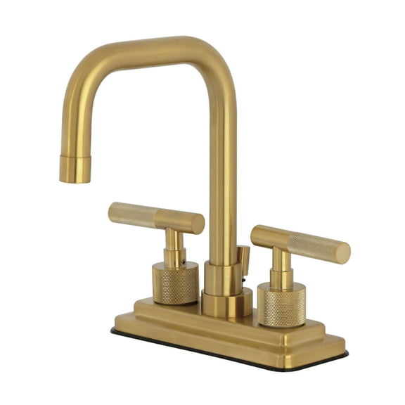 Kingston Brass KS6647KNL Knurled Double-Handle 3-Hole Deck Mount 4-Inch Centerset Bathroom Faucet with Brass Pop-Up in Brushed Brass