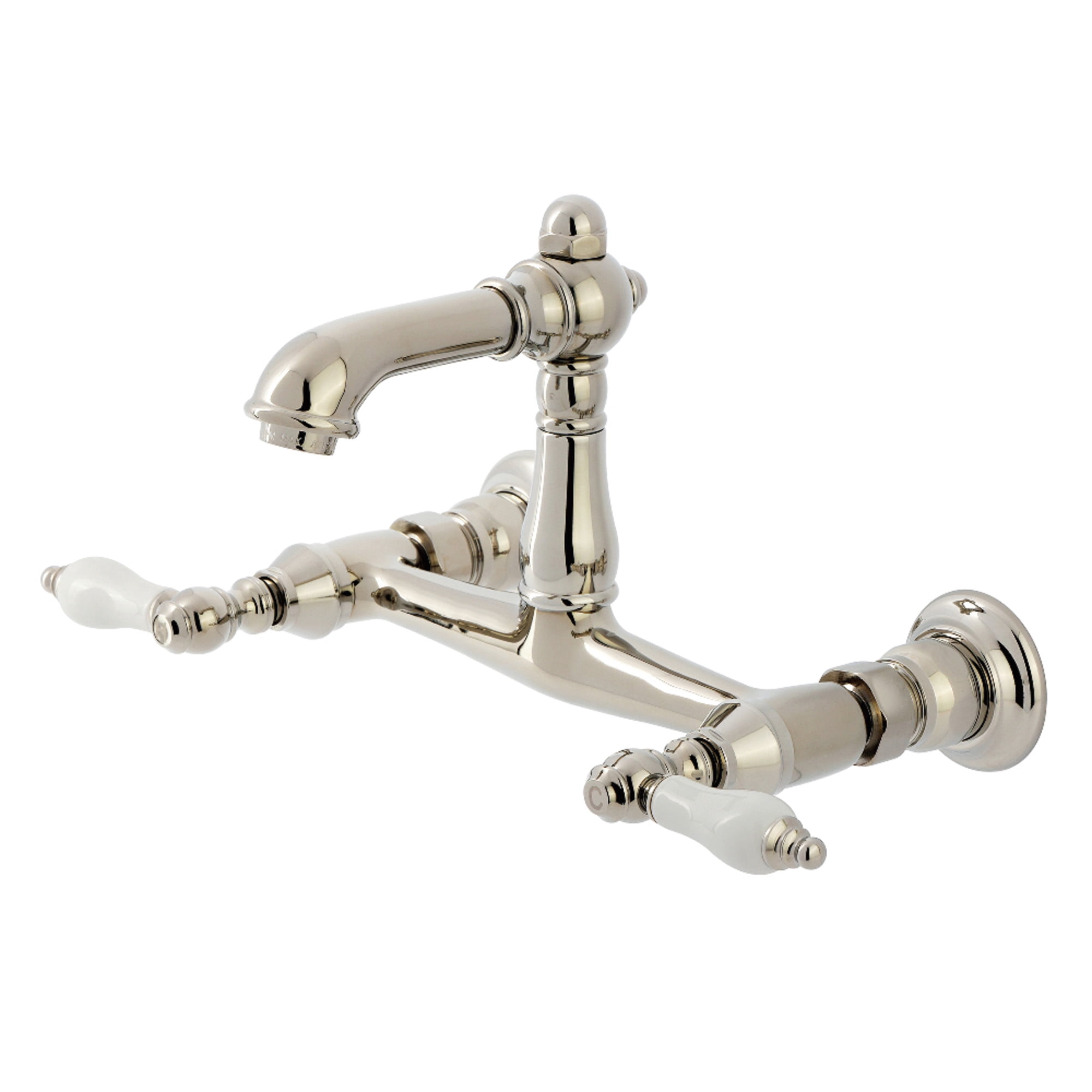 Kingston Brass KS7256PL English Country Double-Handle 2-Hole Wall Mount Bathroom Faucet in Polished Nickel