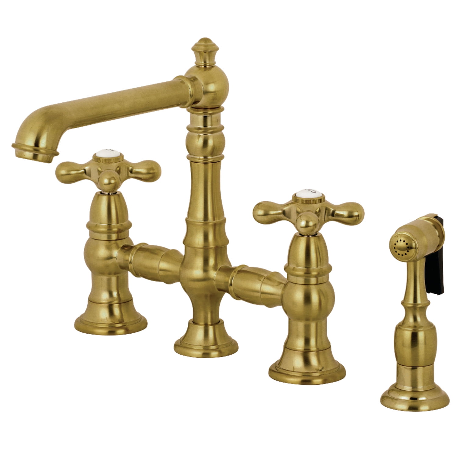 Brushed Brass Traditional Bridge Kitchen Faucet with Sprayer