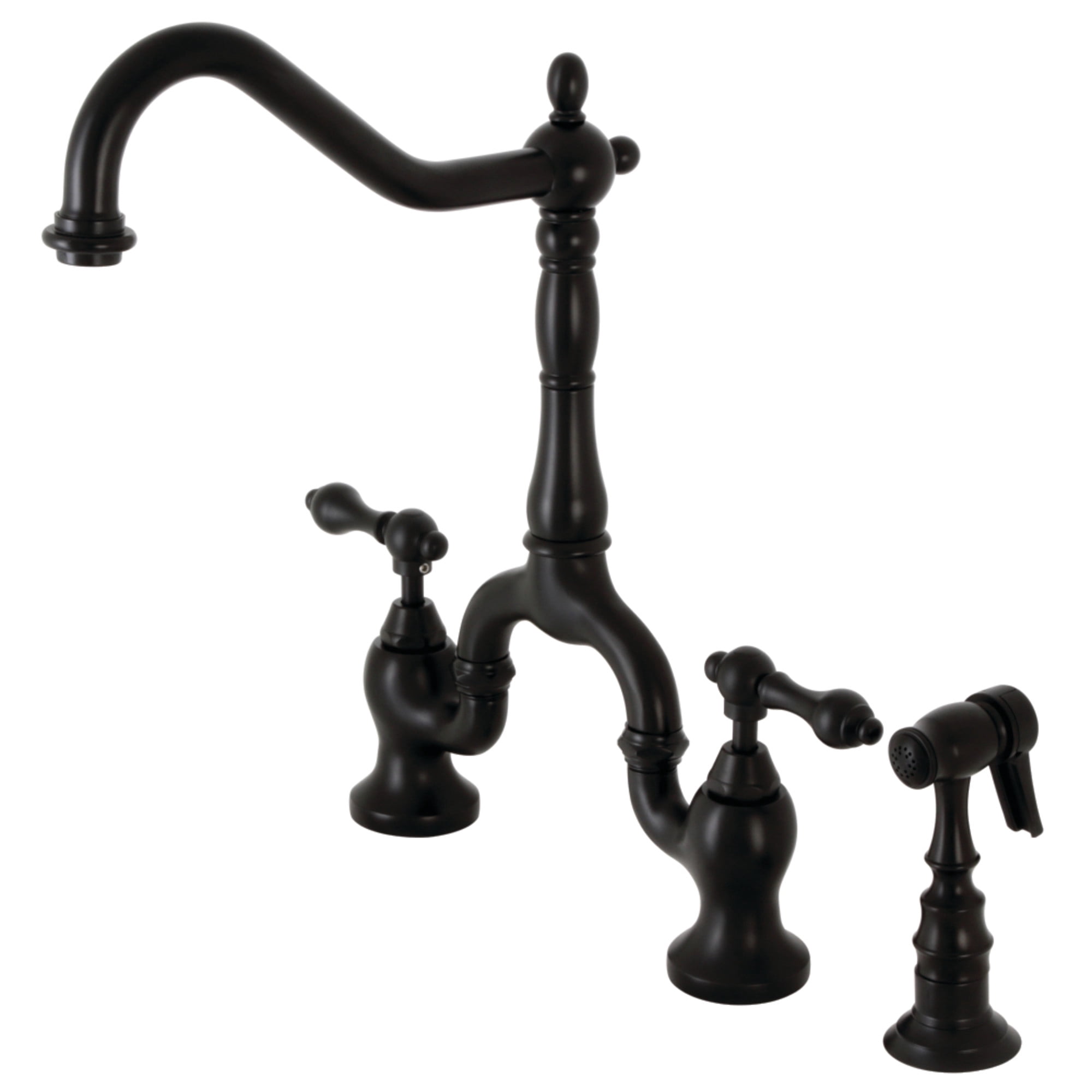 Kingston Brass KS7750ALBS English Country Two-Handle 3-Hole Deck Mount Bridge Kitchen Faucet with Brass Side Sprayer in Matte Black