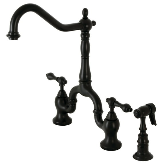 Kingston Brass KS7750ALBS English Country Two-Handle 3-Hole Deck Mount Bridge Kitchen Faucet with Brass Side Sprayer in Matte Black