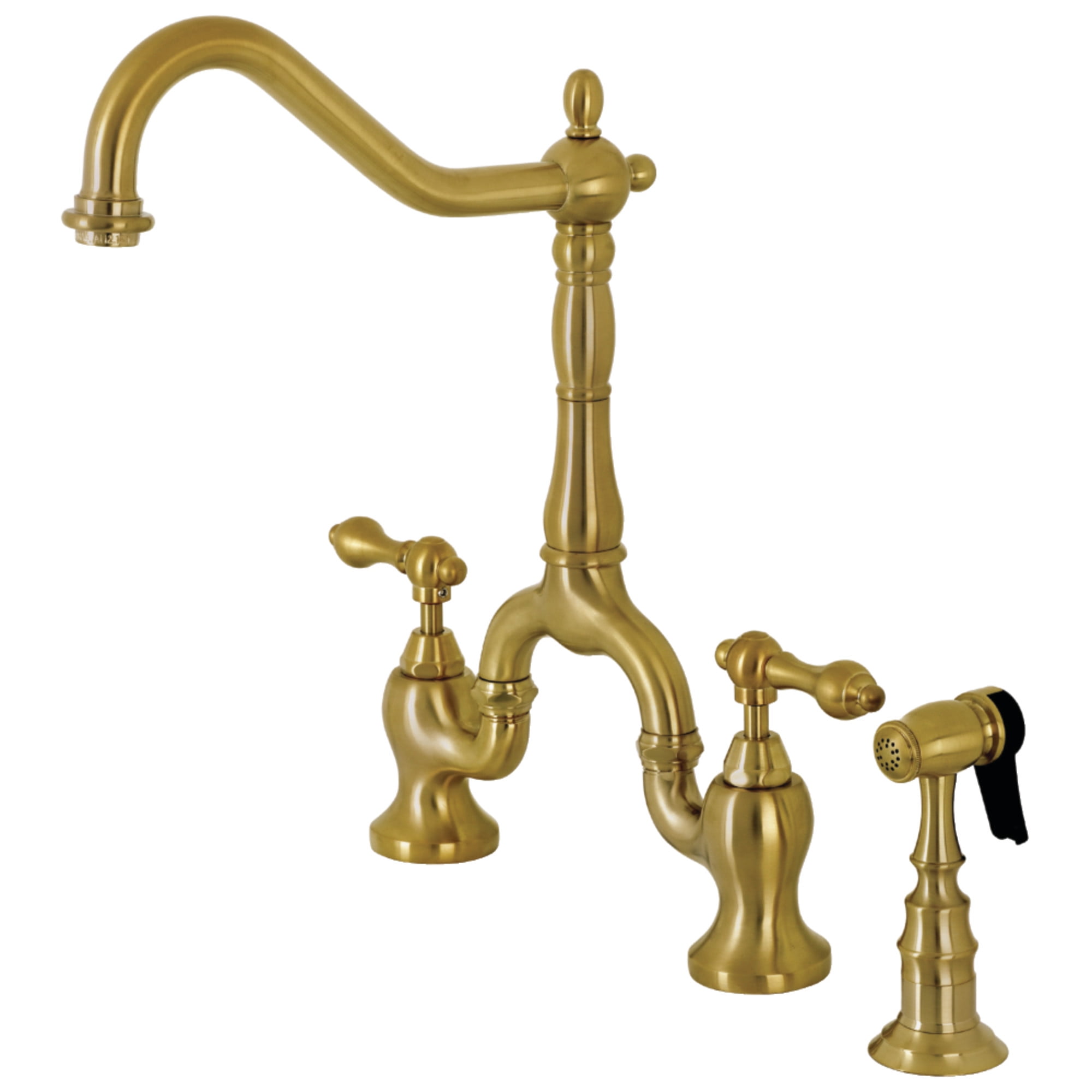 Kingston Brass KS7757ALBS English Country Two-Handle 3-Hole Deck Mount Bridge Kitchen Faucet with Brass Side Sprayer in Brushed Brass