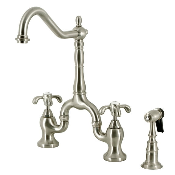 Kingston Brass KS7758TXBS French Country Bridge Kitchen Faucet with Brass Side Sprayer, Brushed Nickel