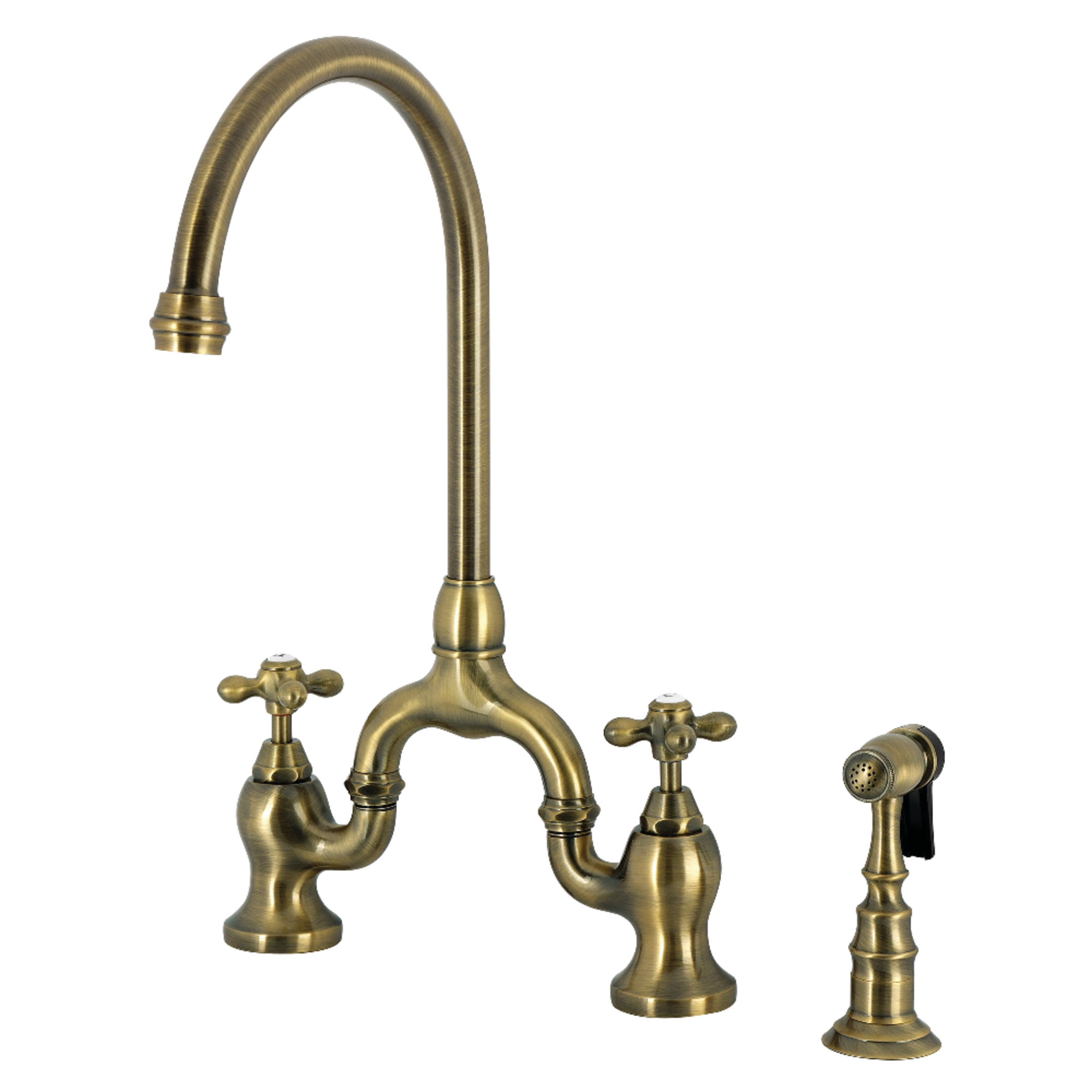 Kingston Brass KS7793AXBS English Country Bridge Kitchen Faucet with Brass Side Sprayer, Antique Brass