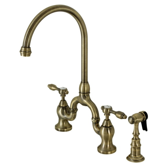 Kingston Brass KS7793TALBS Tudor Two-Handle 3-Hole Deck Mount Bridge Kitchen Faucet with Brass Side Sprayer in Antique Brass