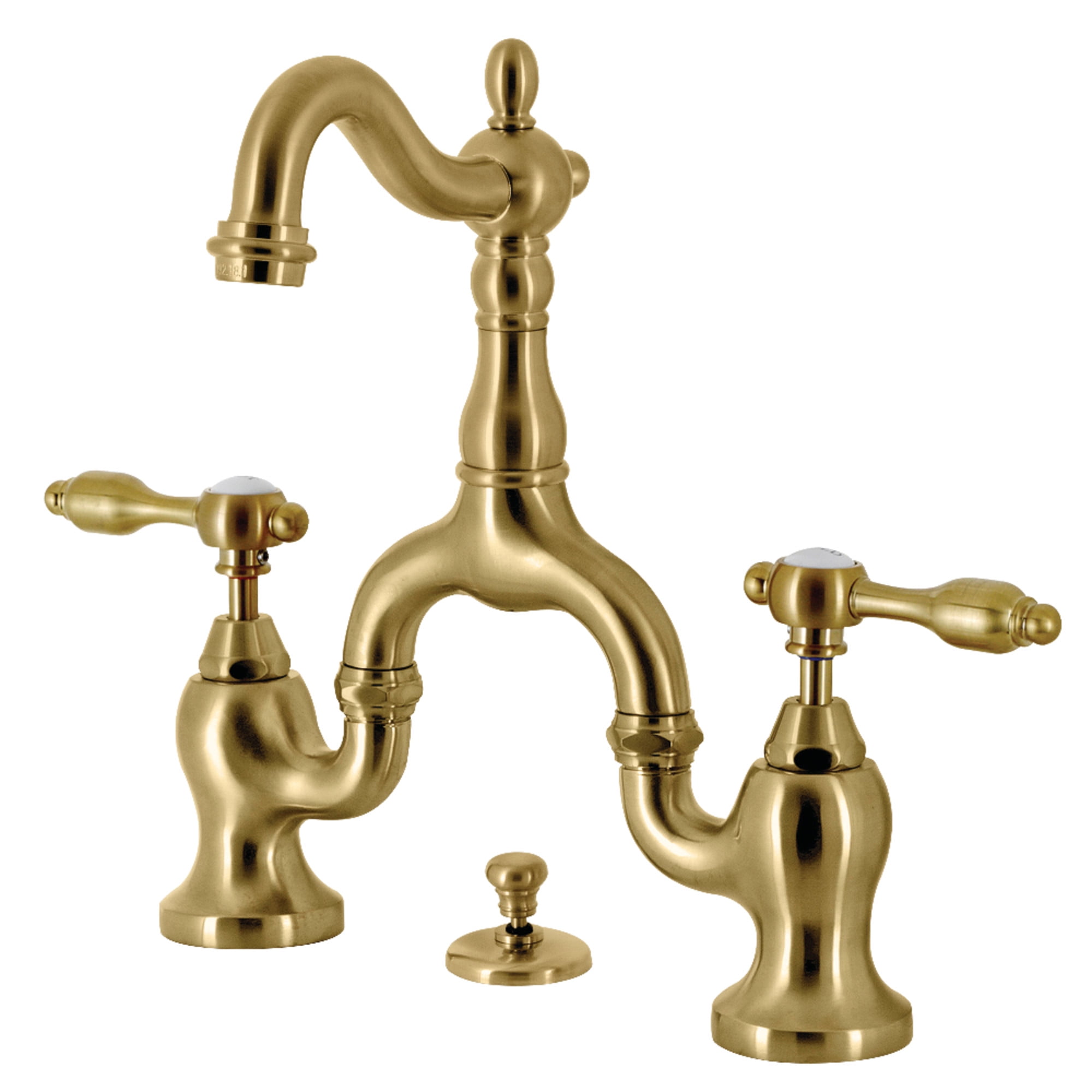 Kingston Brass Tudor Bridge Bathroom Faucet – Oil Rubbed Bronze, Deck Mount Faucet With Drain Included