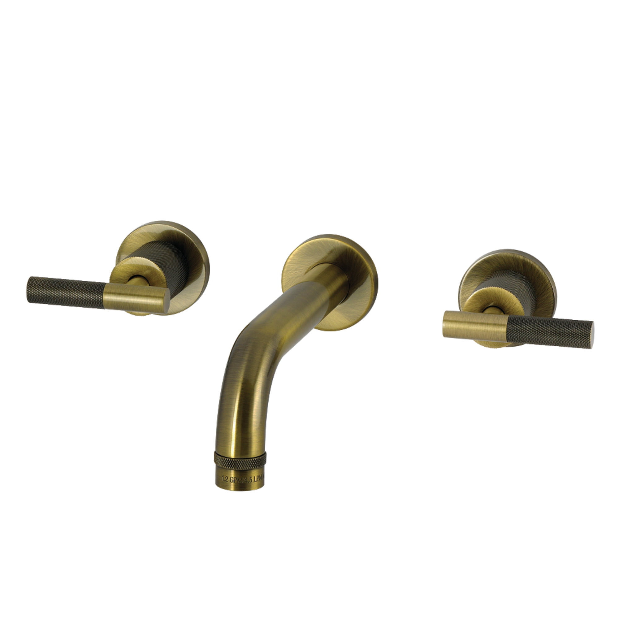 Kingston Brass KS8123KNL Convergent Double-Handle 3-Hole Wall Mount Bathroom Faucet with Knurled Handle in Antique Brass