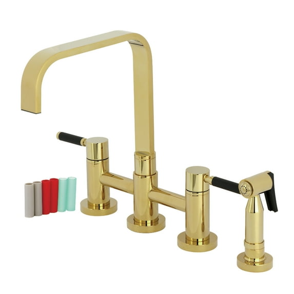 Kingston Brass KS8252DKLBS Kaiser Two-Handle 4-Hole Deck Mount Bridge Kitchen Faucet with Brass Side Sprayer in Polished Brass