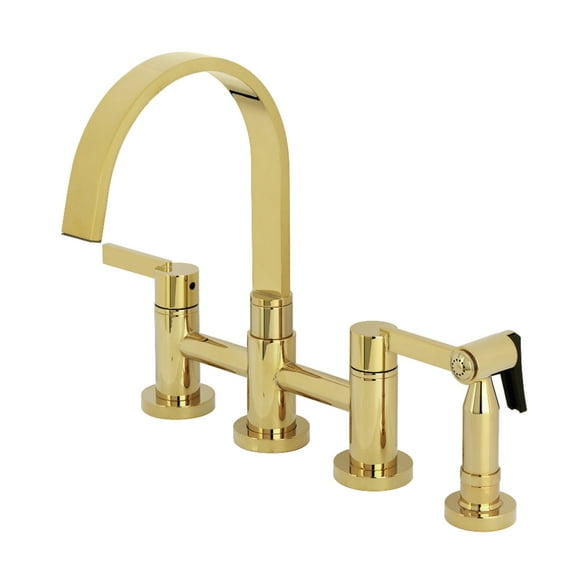 Kingston Brass KS8262CTLBS Continental Two-Handle 4-Hole Deck Mount Bridge Kitchen Faucet with Brass Side Sprayer in Polished Brass