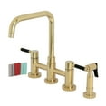 thumbnail image 1 of Kingston Brass KS8282DKLBS Kaiser Two-Handle 4-Hole Deck Mount Bridge Kitchen Faucet with Brass Side Sprayer in Polished Brass, 1 of 8
