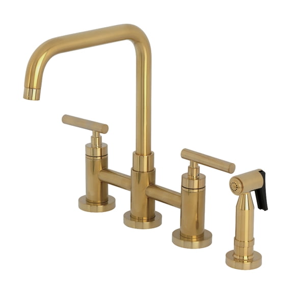 Kingston Brass KS8287CMLBS Manhattan Two-Handle 4-Hole Deck Mount Bridge Kitchen Faucet with Brass Side Sprayer in Brushed Brass