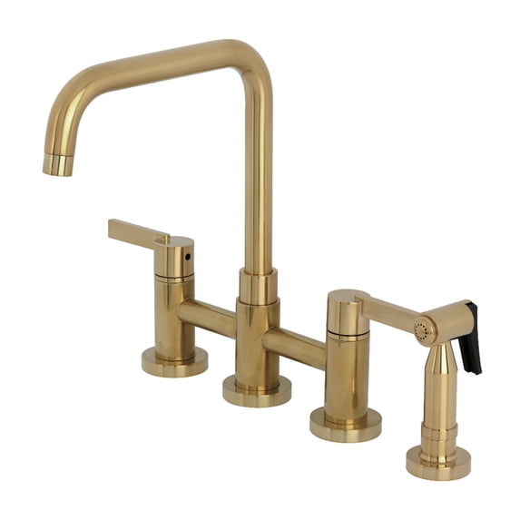 Kingston Brass KS8287CTLBS Continental Two-Handle 4-Hole Deck Mount Bridge Kitchen Faucet with Brass Side Sprayer in Brushed Brass