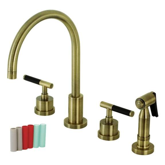 Kingston Brass KS8723CKLBS Kaiser Double-Handle 4-Hole Widespread Kitchen Faucet with Brass Sprayer in Antique Brass