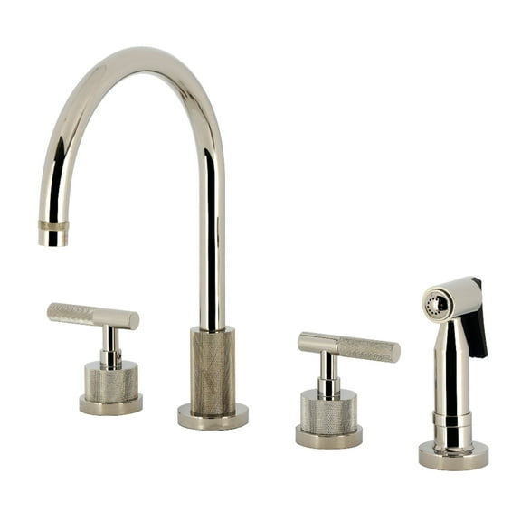 Kingston Brass KS8726KNLBS Convergent Double-Handle 4-Hole Widespread Kitchen Faucet with Knurled Handle 4-Hole and Brass Sprayer in Polished Nickel