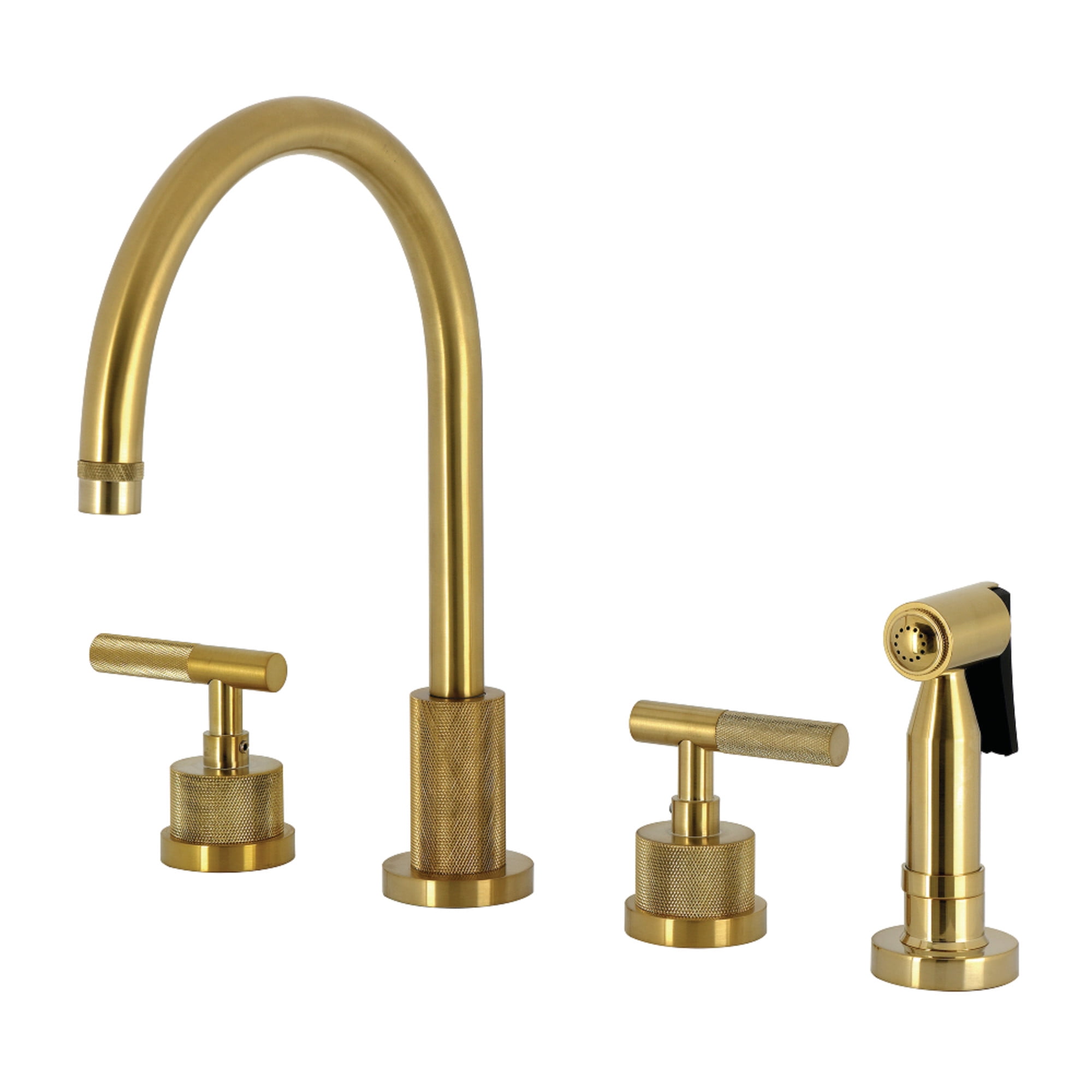Kingston Brass KS8727KNLBS Convergent Double-Handle 4-Hole Widespread Kitchen Faucet with Knurled Handle 4-Hole and Brass Sprayer in Brushed Brass