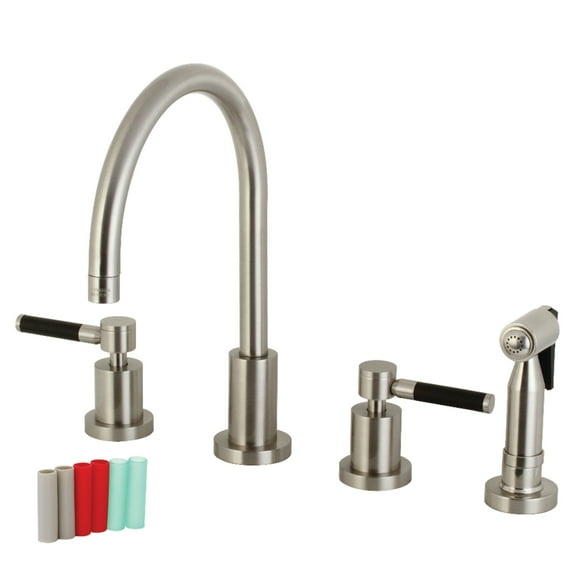 Kingston Brass KS8728DKLBS Kaiser Double-Handle 4-Hole Widespread Kitchen Faucet with Brass Sprayer in Brushed Nickel