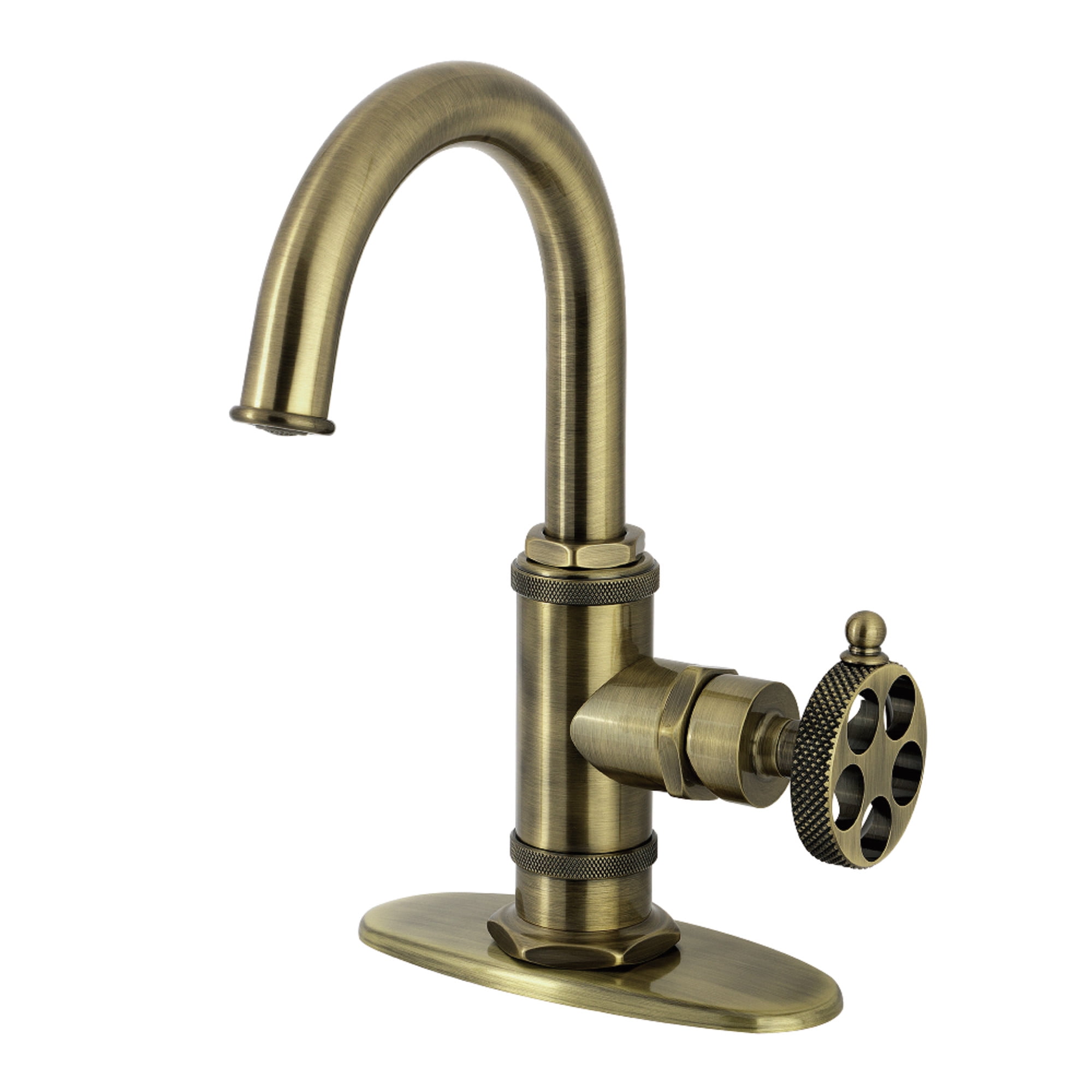 Kingston Brass KSD2213RKX Webb One-Handle 1-Hole Bathroom Faucet with Knurled Handle, Deck Plate, and Push Pop-Up Drain in Antique Brass
