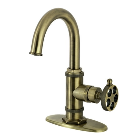Kingston Brass KSD2213RKZ Wendell One-Handle 1-Hole Bathroom Faucet with Knurled Handle, Deck Plate, and Push Pop-Up Drain in Antique Brass