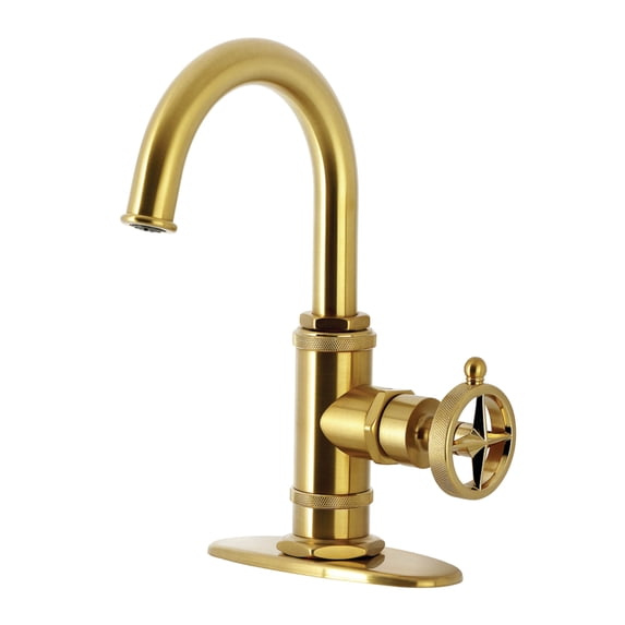 Kingston Brass KSD2217RNK Levante One-Handle 1-Hole Bathroom Faucet with Deck Plate and Push Pop-Up Drain in Brushed Brass