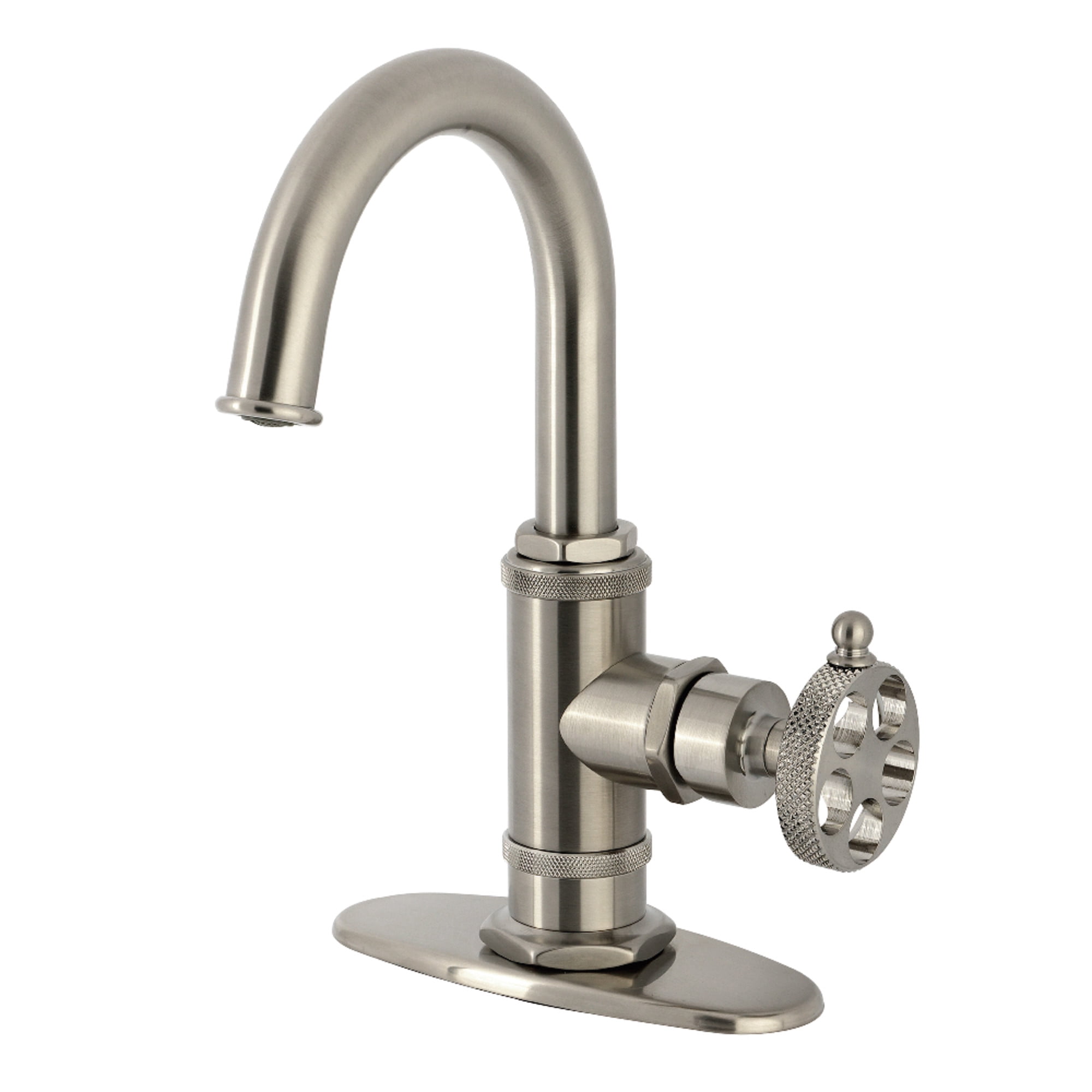 Kingston Brass KSD2218RKX Webb One-Handle 1-Hole Bathroom Faucet with Knurled Handle, Deck Plate, and Push Pop-Up Drain in Brushed Nickel